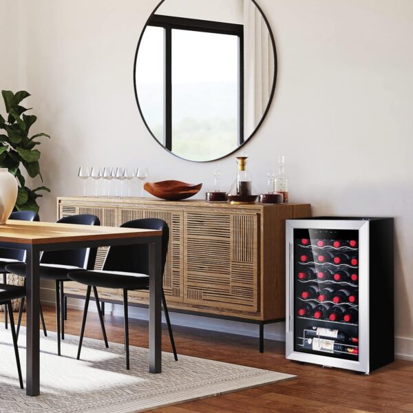 004472f7632b49c6a081a91ed12348e1 24 inch Wine Cooler, 46 Bottle - Dual Zone Built-in or Freestanding Fridge with Stainless Steel Reversible Glass Door, for Home, Kitchen, or Office.