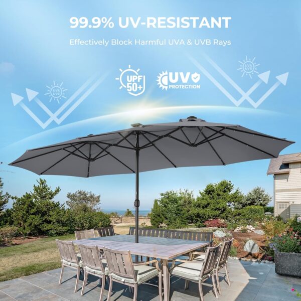 0098334704ed4a63819323cafd99ef9d Double Sided Patio Umbrellas - 15ft Solar Lights LED Lighted Outdoor Extra Large Market Table Umbrella with Base Included, Oversized Umbrella for Deck, Pool, Backyard (Beige)
