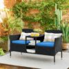 Outdoor Furniture Patio Loveseat Wicker 2-Seat with Built-in Table and Cushions Rattan Porch Chairs Bench for Balcony, Lawn, Backyard (Beige)