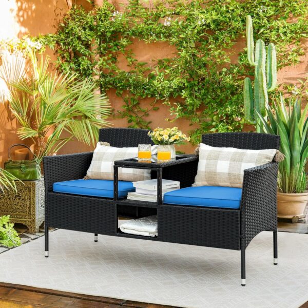 00e4e80ccf3742cf8c423bbd41c8ee12 Outdoor Furniture Patio Loveseat Wicker 2-Seat with Built-in Table and Cushions Rattan Porch Chairs Bench for Balcony, Lawn, Backyard (Beige)