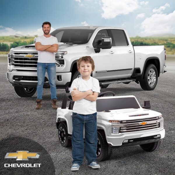 Track 7 24V Ride on Car, Licensed Silverado HD 2 Seater Electric Car for Boys Girls Age 3+, 24V Ride on Truck w/Remote Control, Music, ABC, White
