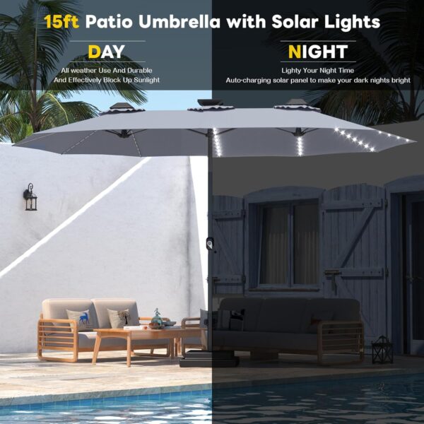 01b604c381584bee81ae34ae54c7d49e 15ft Patio Umbrella with Solar Lights, Large Double Umbrella Outdoor, Rectangle 180''x106'' Umbrellas with 156 PCS LED Lights and Crank Handle for Backyard Deck Pool Shade in Black(1.9" Pole)