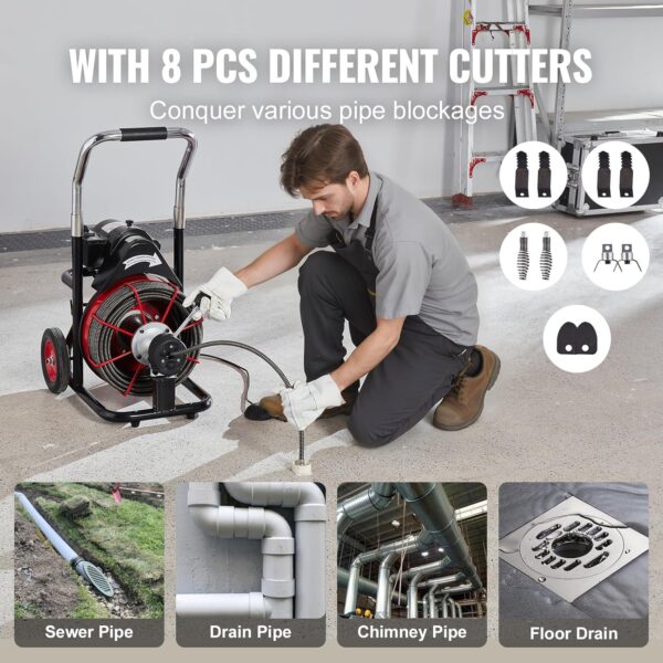 02d5089b413b42beaac620cdd8a75e35 VEVOR Drain Cleaner Machine 100FT x 1/2 Inch, Auto Feed Sewer Snake Auger on Wheels, 550W Portable Drain Cleaning Machine with 8 Cutters & Air-activated Foot Switch for 2" to 4" Pipes