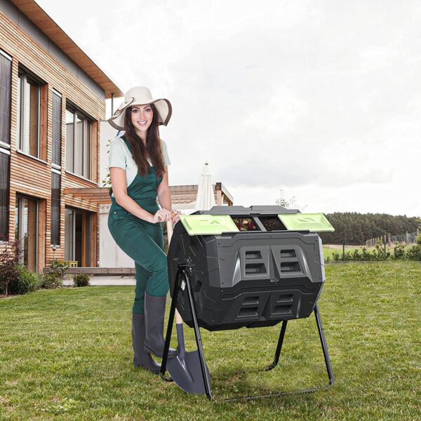 02e125f274024746ad10e21d935e29cb Large Compost Tumbler Bin Dual Compartment Better AirCirculation Efficient Compost BPA Free Sturdy Steel Frame 43Gallon (2 21.5Gal) Blue Door