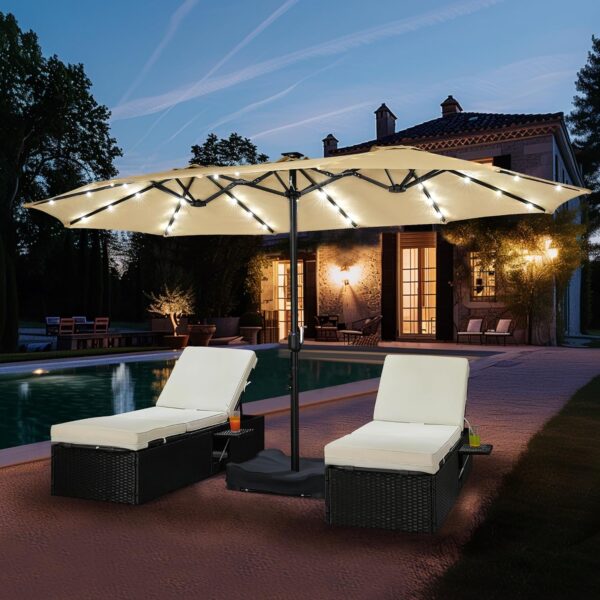 02fe7bda53dd4ed0a10771343a65b994 15 ft Large Patio Umbrella with Solar Lights Double-Sided Outdoor Rectangle Market Umbrellas with 36 LED Lights/Base Included/Easy Crank for Patio Garden Yard Pool Lawn, Brown