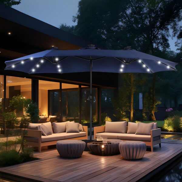 036a0ae223cb4fd797f9fe37e61d7340 15ft Double Sided Patio Umbrella with Solar Lights, Outdoor Large Umbrellas with Crank Handle and 36 LED Lights, Rectangular Market Umbrella with Base Included for Deck Pool Shade