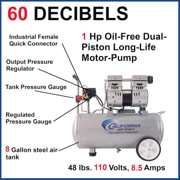 0372a787ac8e4016b76b669e22b6441a Air Tools 8010 Ultra Quiet Oil-Free Air Compressor, 1.0 HP, 8 Gallon, 120 PSI, 60 dB Noise Level