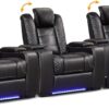 Power Home Theater Seating Set of 3, Brown Faux Leather Electric Recliner Chair with Powered Headrest, Dual Motors Movie Reclining Chairs with LED Lights,USB Port,Cup Holders, Hidden Arm Storage