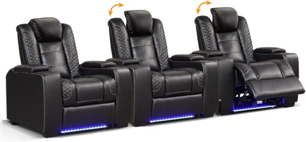 0395d1535cab4005ab7a730120755a83 Power Home Theater Seating Set of 3, Brown Faux Leather Electric Recliner Chair with Powered Headrest, Dual Motors Movie Reclining Chairs with LED Lights,USB Port,Cup Holders, Hidden Arm Storage