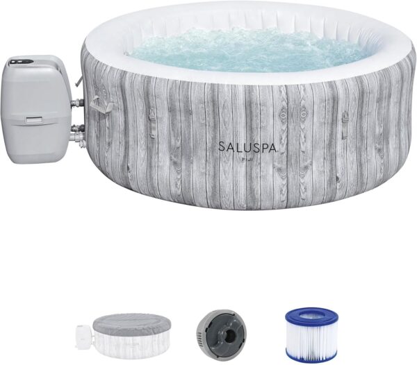 04077dbfa5fc4cf5ba82b189cb9bd264 Bestway SaluSpa Fiji AirJet Large Round 2 to 4 Person Inflatable Hot Tub Portable Outdoor Spa with 120 AirJets and EnergySense Cover, Grey