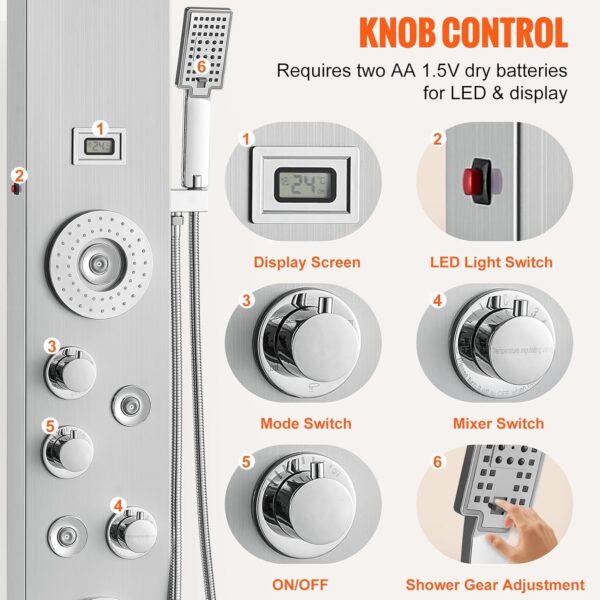04176eff4ca14da5b23da86148ebf2da Shower Panel System, 6 Shower Modes, LED & Display Shower Panel Tower, Rainfall, Waterfall, 4 Body Massage Jets, Tub Spout, Handheld Shower Head 59" Hose, Stainless Steel Wall-Mounted Shower Set
