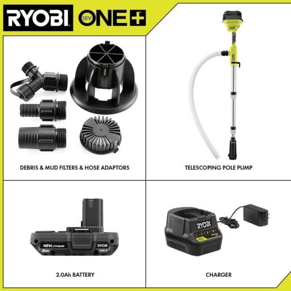 ONE+ 18V Cordless 1/6 HP Telescoping Pole Pump with 2.0 Ah Battery and Charger RY20UP022K
