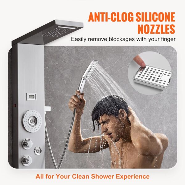 0492b332e47b4d4fb9208e1bcf998ab9 Shower Panel System, 6 Shower Modes, LED & Display Shower Panel Tower, Rainfall, Waterfall, 4 Body Massage Jets, Tub Spout, Handheld Shower Head 59" Hose, Stainless Steel Wall-Mounted Shower Set