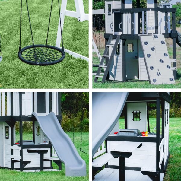 051e084208374123a975173d7a4eb54d Backyard Discovery Canyon Creek Cedar Wood Swing Set with Wave Slide, Clubhouse, Play Kitchen, Picnic Area, Belt Swings, Web Swing, Rock Wall, Balconies, Playhouse, Step Ladder, Outdoor Playset