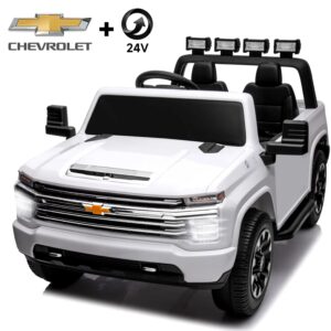 Track 7 24V Ride on Car, Licensed Silverado HD 2 Seater Electric Car for Boys Girls Age 3+, 24V Ride on Truck w/Remote Control, Music, ABC, White