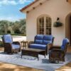 Outdoor Swivel Rocker Patio Chairs with 6-Inch Thick Cushions and Side Table, 3PCS High Back Wicker Patio Furniture Set for Porch, Balcony, Deck and Yard in Blue