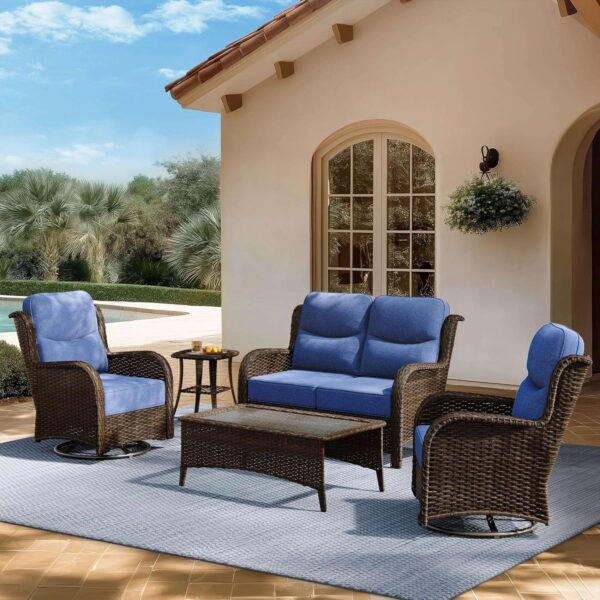 06a6fd910ffc4930a109bf9fea883c35 Outdoor Swivel Rocker Patio Chairs with 6-Inch Thick Cushions and Side Table, 3PCS High Back Wicker Patio Furniture Set for Porch, Balcony, Deck and Yard in Blue