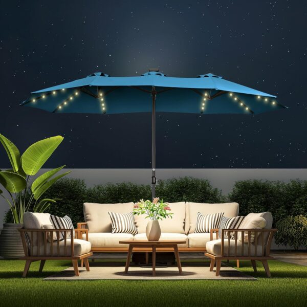 070278bd7a9d484a8c6ef7512221e70c Double Sided Patio Umbrellas - 15ft Solar Lights LED Lighted Outdoor Extra Large Market Table Umbrella with Base Included, Oversized Umbrella for Deck, Pool, Backyard (Beige)