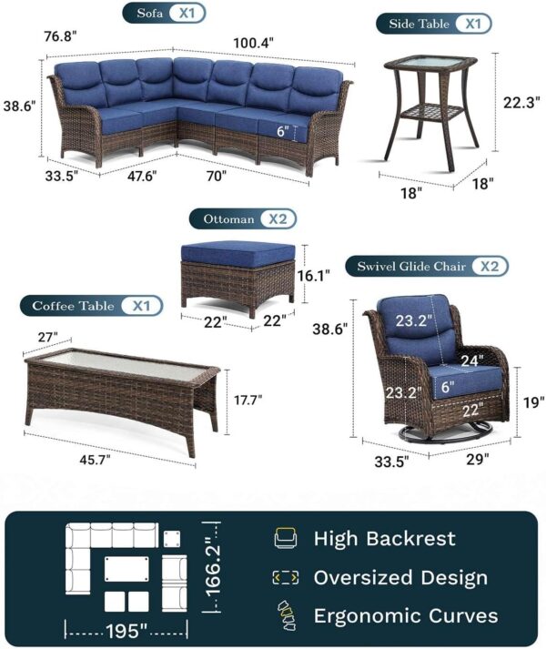 07252ee206d04e6781e9305bae359fe1 Outdoor Swivel Rocker Patio Chairs with 6-Inch Thick Cushions and Side Table, 3PCS High Back Wicker Patio Furniture Set for Porch, Balcony, Deck and Yard in Blue