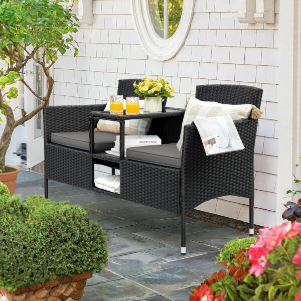073b8a8dd2f34d419d9967568555db12 Outdoor Furniture Patio Loveseat Wicker 2-Seat with Built-in Table and Cushions Rattan Porch Chairs Bench for Balcony, Lawn, Backyard (Beige)