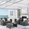 Wisteria Lane 4 Piece Outdoor Patio Furniture Sets, Wicker Conversation Set for Porch Deck, Grey Rattan Sofa Chair with Cushion （Blue