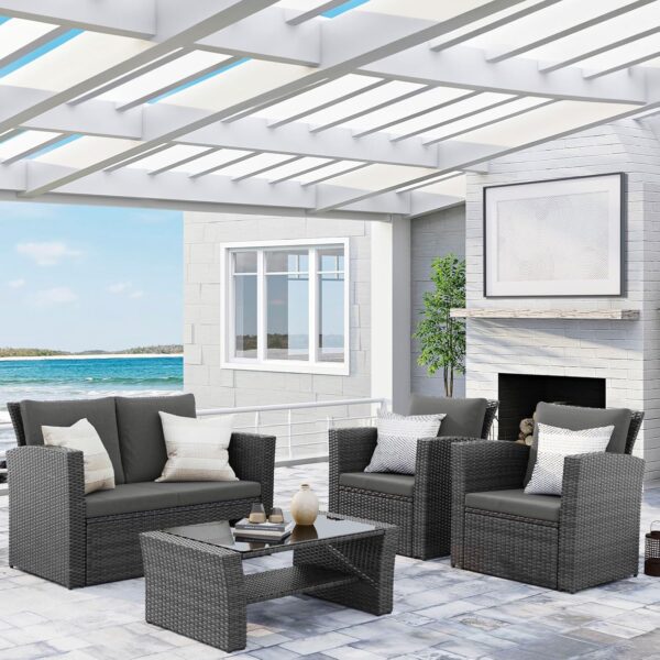 0778a41224284855807b70e2dd7b0b00 Wisteria Lane 4 Piece Outdoor Patio Furniture Sets, Wicker Conversation Set for Porch Deck, Grey Rattan Sofa Chair with Cushion (Blue