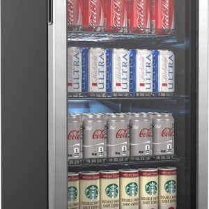Beverage Refrigerator and Cooler - 120 Can Mini Fridge with Glass Door for Soda Beer or Wine - Small Drink Dispenser Machine for Office or Bar with Adjustable Removable Shelves