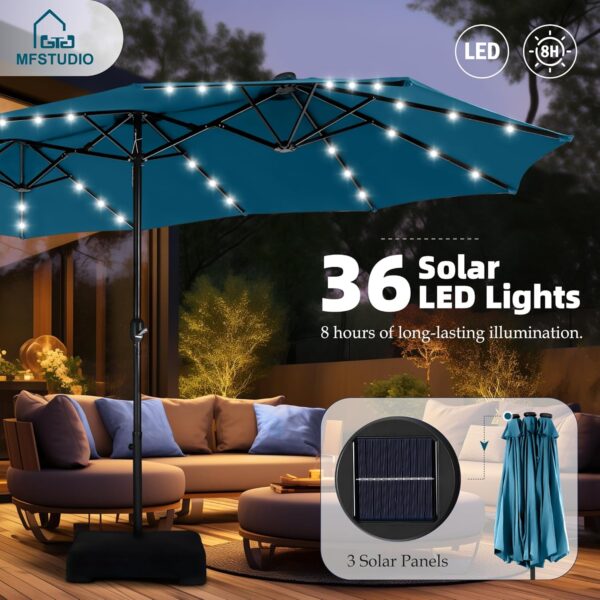 07c18bd468a74cf4b8abae171217d9fd 15ft Double Sided Patio Umbrella with Solar Lights, Outdoor Large Umbrellas with Crank Handle and 36 LED Lights, Rectangular Market Umbrella with Base Included for Deck Pool Shade