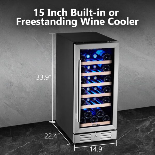 0866687a4c1542d5a43d53afa6b6a1c9 24 inch Wine Cooler, 46 Bottle - Dual Zone Built-in or Freestanding Fridge with Stainless Steel Reversible Glass Door, for Home, Kitchen, or Office.