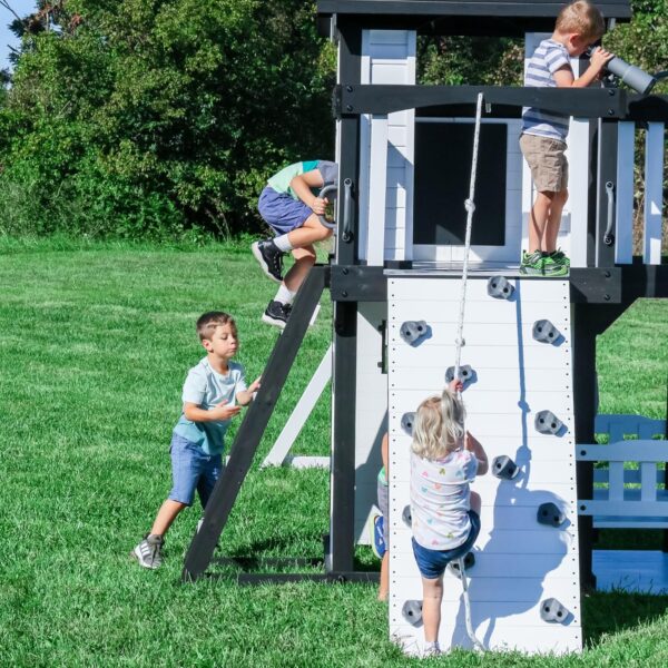 09105c819b8b40638bc8047c5e979dd6 Backyard Discovery Canyon Creek Cedar Wood Swing Set with Wave Slide, Clubhouse, Play Kitchen, Picnic Area, Belt Swings, Web Swing, Rock Wall, Balconies, Playhouse, Step Ladder, Outdoor Playset