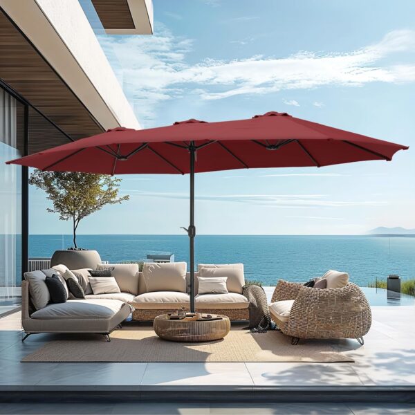 096155eaccfd424e87a9915c616e717b 15ft Patio Umbrella Double-Sided Outdoor Market Extra Large Umbrella with Crank, Umbrella Base Included (Dark Red)