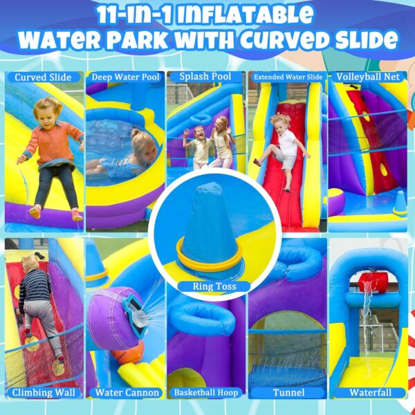 096b260e261b41e0b194fc1fdc599c7c 11-in-1 Inflatable Water Slide & Dolphin Bounce House w/2 Long Slides, 19.7 Ft x 13.1 Ft Extra Large Waterslide Climbing Wall w/Small Deeper Pool,Water Cannons,Hoop for Kids Backyard,550W Blower