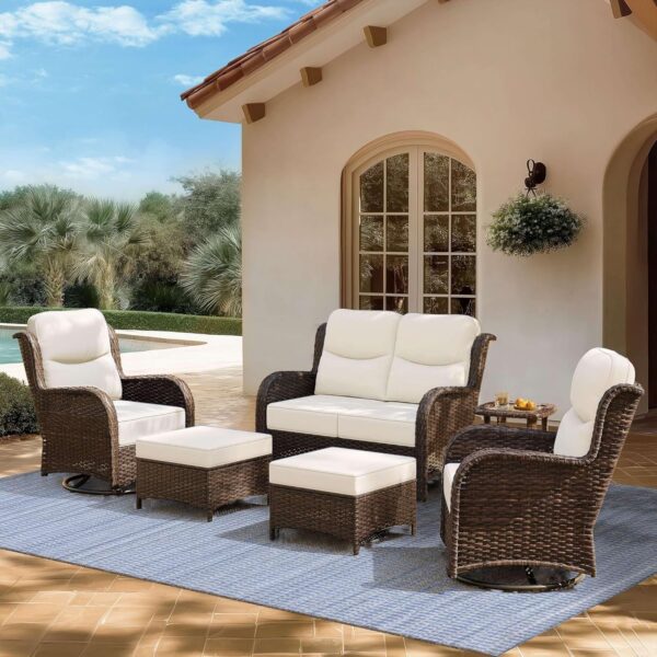 097c66935cc648e28f0004b1bd659238 Outdoor Swivel Rocker Patio Chairs with 6-Inch Thick Cushions and Side Table, 3PCS High Back Wicker Patio Furniture Set for Porch, Balcony, Deck and Yard in Blue