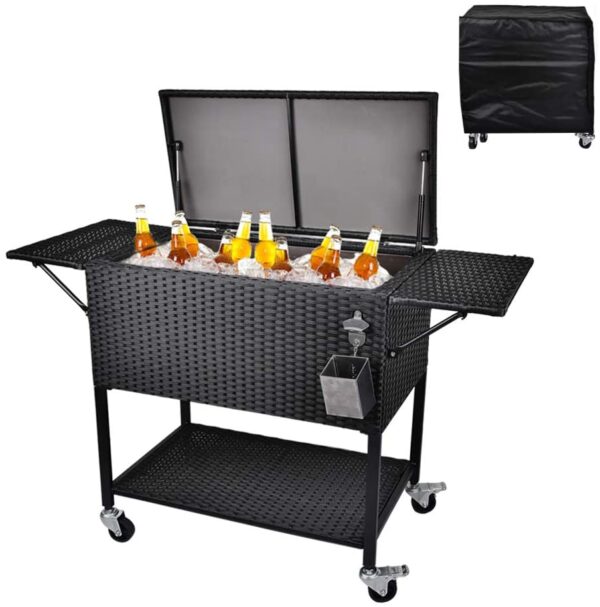 09a34104be514be0827a760978804ced 80 Quart Rattan Rolling Cooler Cart, Portable Wicker Cooler Trolley, Backyard Party Drink Beverage Bar