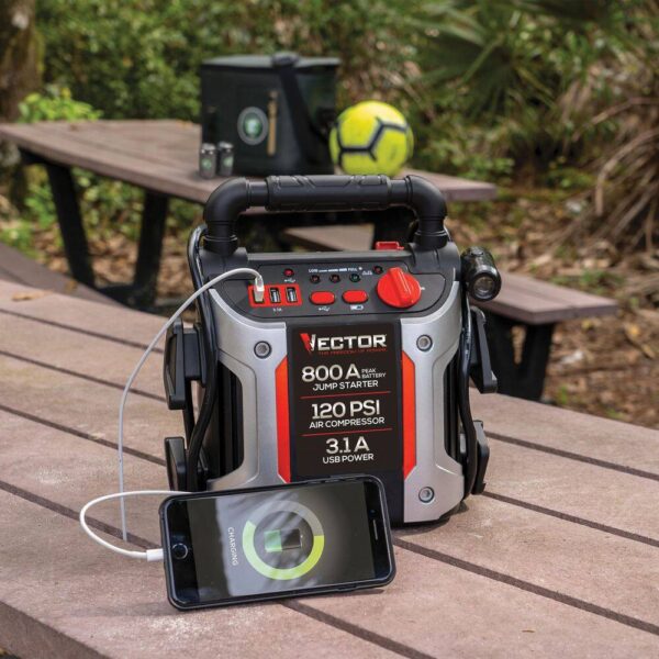 0a20914d4d144f74bdab5302b46ebf03 VECTOR 800 Peak Amp Jump Starter 120 PSI Air Compressor Three USB Charging Ports Rechargeable