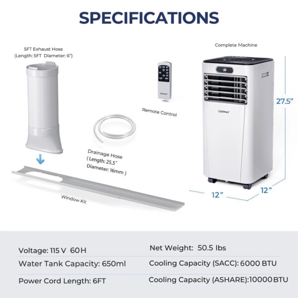0a3c9c0449944244a2cd159205eb3da0 Costway 6000 BTU (10000 BTU ASHRAE) Portable Air Conditioner w/ Remote Control 3-in-1 Air Cooler w/ Drying White
