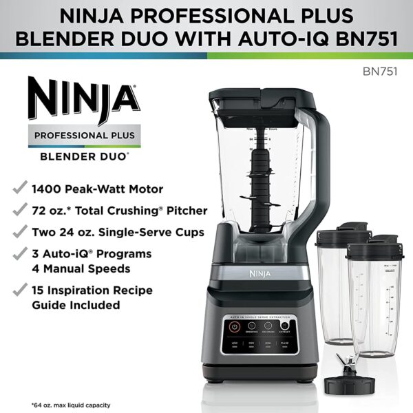 0b688766c56249459dc46a514c086199 BN801 Professional Plus Kitchen System, 1400 WP, 5 Functions for Smoothies, Chopping, Dough & More with Auto IQ, 72-oz.* Blender Pitcher, 64-oz. Processor Bowl, (2) 24-oz. To-Go Cups, Grey
