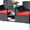 Outdoor Furniture Patio Loveseat Wicker 2-Seat with Built-in Table and Cushions Rattan Porch Chairs Bench for Balcony, Lawn, Backyard (Beige)