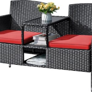 Outdoor Furniture Patio Loveseat Wicker 2-Seat with Built-in Table and Cushions Rattan Porch Chairs Bench for Balcony, Lawn, Backyard (Beige)