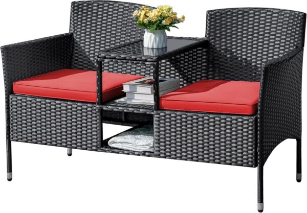 0bb463959e704df0a01d085c2bdb7fd7 Outdoor Furniture Patio Loveseat Wicker 2-Seat with Built-in Table and Cushions Rattan Porch Chairs Bench for Balcony, Lawn, Backyard (Beige)