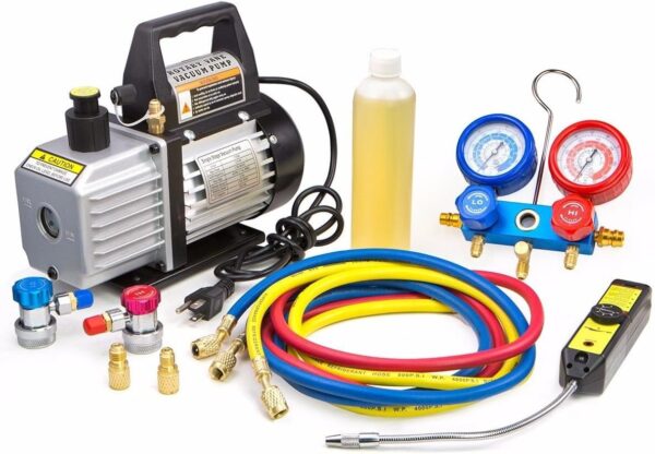 0bbb5abb5bf245b7ba2a877763bcba32 Premium 4CFM Air Vacuum Pump HVAC A/C Refrigeration Kit AC Manifold Gauge Case Set R134a Tap w/Leak Detector and Carrying Tote Bag