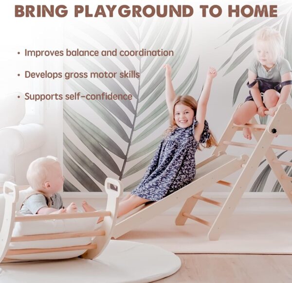 0c75a03ac94246e1bc97a5b88b096697 5 in 1 Pikler Triangle Set, Baby Climbing Toy Indoor Playground, Kids Jungle Gym