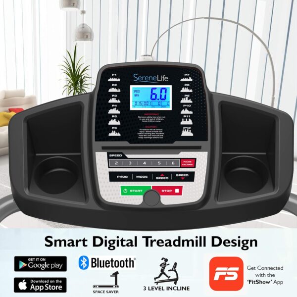 0c84c055711c48ceb6f0119dbfe1eb45 SereneLife Folding Treadmill - Foldable Home Fitness Equipment with LCD for Walking & Running - Cardio Exercise Machine - Preset and Adjustable Programs - Bluetooth Connectivity