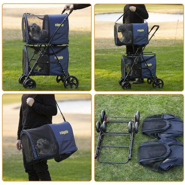 0ce57bfe57f845a8b34d3ffc9973d5e8 42 Double Pet Stroller for 2 Dogs & Cats,4 Wheels Dog Strollers Folding Travel Cat Stroller with Suspension System,Navy Blue