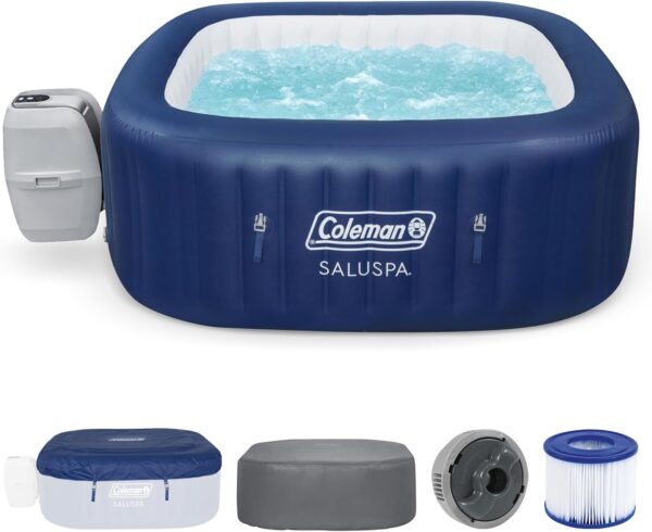 0d33f52b290a44e0a2015c9a17c774b3 4 to 6 Person Inflatable Hot Tub Square Portable Outdoor Spa with 114 Soothing AirJets and Insulated Cover, Gray-Coleman