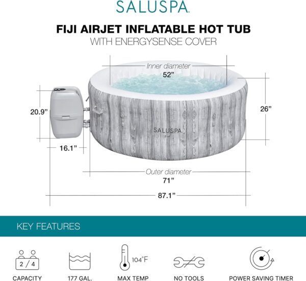 0d998401b3c248f9a2c85e37776ac773 Bestway SaluSpa Fiji AirJet Large Round 2 to 4 Person Inflatable Hot Tub Portable Outdoor Spa with 120 AirJets and EnergySense Cover, Grey