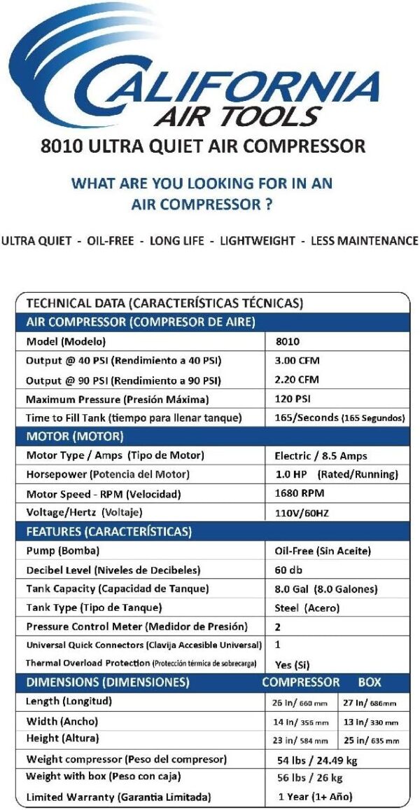 0da9843438c4479986f323e8c3aa1f82 Air Tools 8010 Ultra Quiet Oil-Free Air Compressor, 1.0 HP, 8 Gallon, 120 PSI, 60 dB Noise Level
