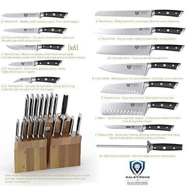 0e15ee7786734dbca8d0cfa41834bd48 DALSTRONG Knife Block Set - 18-Piece - Gladiator Series Colossal Knife Set - Forged German ThyssenKrupp HC Steel - Walnut Stand - Black Handles