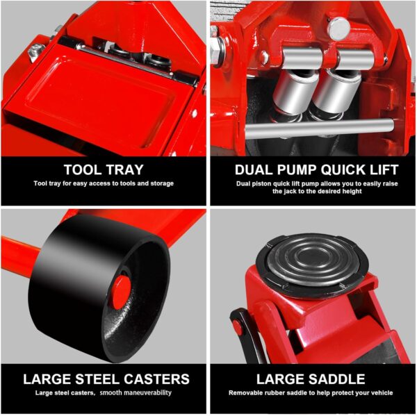 0e4e1f87d6014d47bcd8d86eabf488ea 3 Ton Low Profile, Aluminum and Steel Racing Floor Jack with Dual Pistons Quick Lift Pump for Sport Utility Vehicle, Lifting Range 3-15/16" min to 18-5/16" max, Red