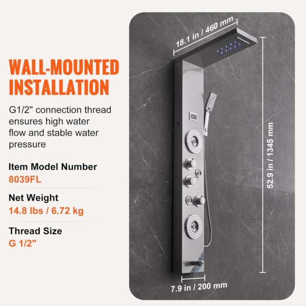 0e846d185e2c4c48bcafac9e43a5edfe Shower Panel System, 6 Shower Modes, LED & Display Shower Panel Tower, Rainfall, Waterfall, 4 Body Massage Jets, Tub Spout, Handheld Shower Head 59" Hose, Stainless Steel Wall-Mounted Shower Set